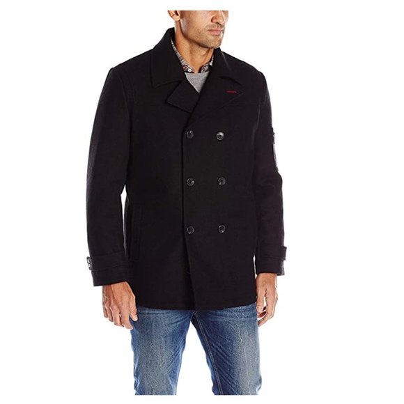 NWT IZOD Men's Double Breasted Wool Blend Pea Coat Black Size S $250 N29